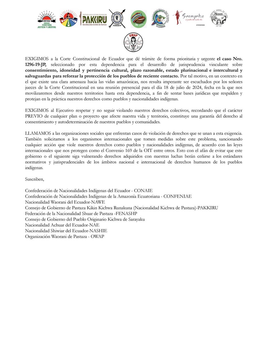 confeniae1's tweet photo. 🔴 Exigimos a la @CorteConstEcu la emisión de sentencia vinculante sobre consentimiento libre, previo e informado #CLPI. Organizaciones indígenas solicitamos ser escuchados este 18 de julio en #Quito.
📌 Enlace a comunicado:
https://t.co/DTDoQCCQCm
#PueblosIndigenas #Confeniae https://t.co/FdflbdyfLr