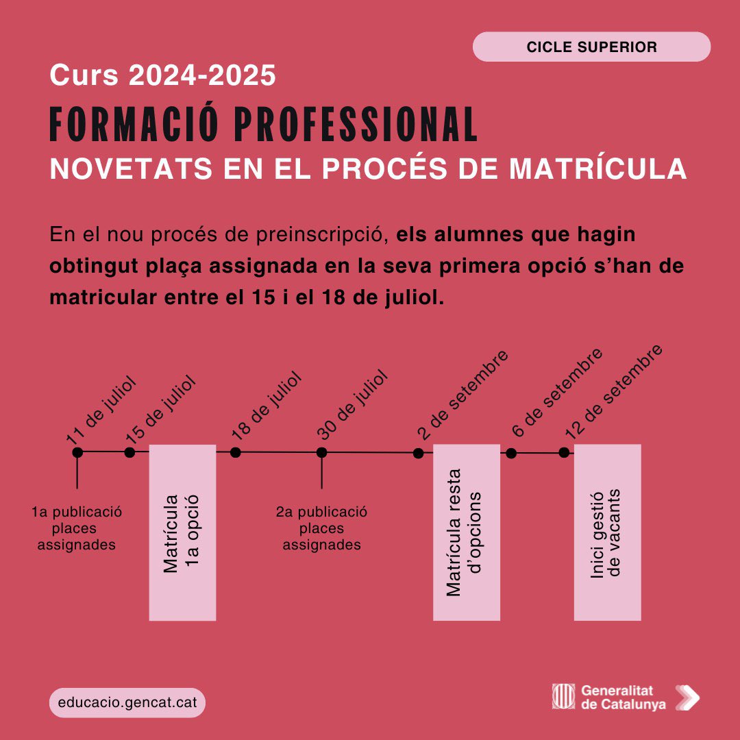 educaciocat's tweet photo. Dates clau del cicle superior.

🔹Matrícula de la primera opció: del 15 al 18 de juliol. https://t.co/n9sk0ilJ2C