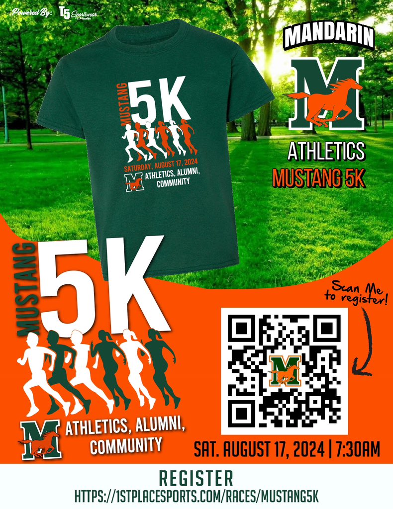 Mandarin High Sports (@mhssportszone) on Twitter photo It’s the Annual MHS Athletics, Alumni, and Community 5K! Join us on August 17th as we take over Greenland Road for a great day of fun. Register at <a href="/1stPlaceSports/">1stPlaceSports</a> ! Go Mustangs! It’s the Annual MHS Athletics, Alumni, and Community 5K! Join us on August 17th as we take over Greenland Road for a great day of fun. Register at <a href="/1stPlaceSports/">1stPlaceSports</a> ! Go Mustangs!