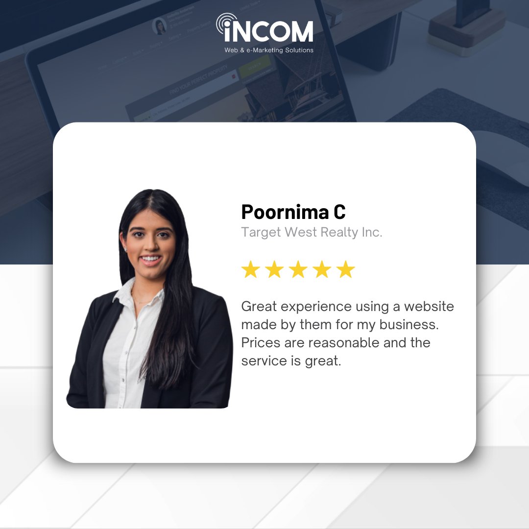 incomrealestate's tweet image. What our customers think about InCom's all-in-one solution: Great Service, Reasonable Prices, Professional Results. Thank you Poornima for sharing your great experience with our company.🌟📈

#GoogleReview #Testimonial #incomrealestate #realestate #realestateagent