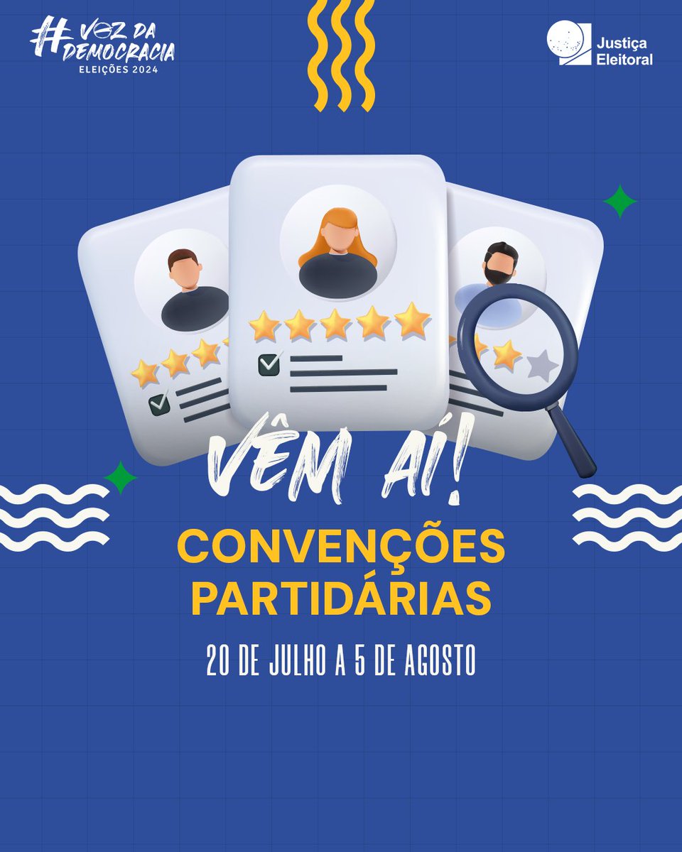 Nas convenções partidárias, são decididos os nomes que devem concorrer oficialmente pelos partidos, além de serem formadas as coligações. Decididas as candidaturas, elas devem ser registradas na #JustiçaEleitoral até 15 de agosto!

#Eleições2024 #VozDaDemocracia✅🗣️