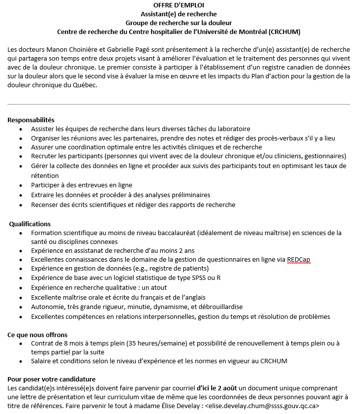RQECD/QNJPI_PAINtalks (@qnjpi_paintalks) on Twitter photo ❗#OFFRE_DEMPLOI -Assistant(e) de recherche❗
🔥Centre de #recherche du Centre hospitalier de l’Université de #Montréal (CRCHUM)🔥
⚠Date limite: 2 août
👉Veuillez lire le fichier ci-joint pour plus d'informations
👇Envoyez vos documents à: elise.develay.chum@ssss.gouv.qc.ca ❗#OFFRE_DEMPLOI -Assistant(e) de recherche❗
🔥Centre de #recherche du Centre hospitalier de l’Université de #Montréal (CRCHUM)🔥
⚠Date limite: 2 août
👉Veuillez lire le fichier ci-joint pour plus d'informations
👇Envoyez vos documents à: elise.develay.chum@ssss.gouv.qc.ca