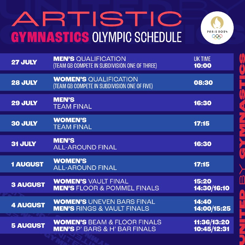 BritGymnastics's tweet photo. Mark your calendars 🗓️

The first gymnastics competition of @Paris2024 begins one week today! @TeamGB will be represented by 1⃣3⃣ gymnasts over the course of The Games.

Wanting to follow the action at home? Be sure to check out the competitions' timings in our schedule below 👇 https://t.co/S3cvfFJ5XR
