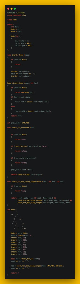 gincode18's tweet image. 🚀 Day 32 of #100DaysOfCode!

📈 Found Ceiling on Left Side in an Array.
🔢 Found the Kth Smallest Element in a BST.
✔️ Checked if a Tree is a BST.
🔄 Fixed a BST with Two Nodes Swapped.
🔗 Found Pair Sum with a Given BST.
↕️ Calculated Vertical Sum in a Binary Tree.