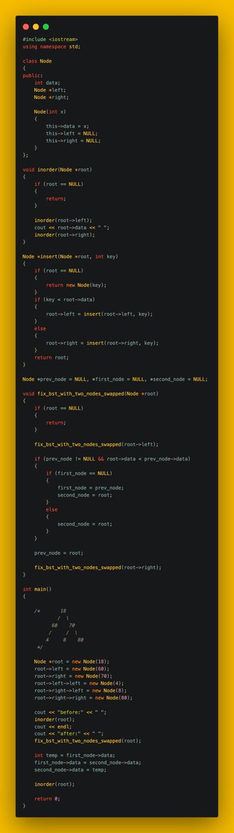 gincode18's tweet image. 🚀 Day 32 of #100DaysOfCode!

📈 Found Ceiling on Left Side in an Array.
🔢 Found the Kth Smallest Element in a BST.
✔️ Checked if a Tree is a BST.
🔄 Fixed a BST with Two Nodes Swapped.
🔗 Found Pair Sum with a Given BST.
↕️ Calculated Vertical Sum in a Binary Tree.