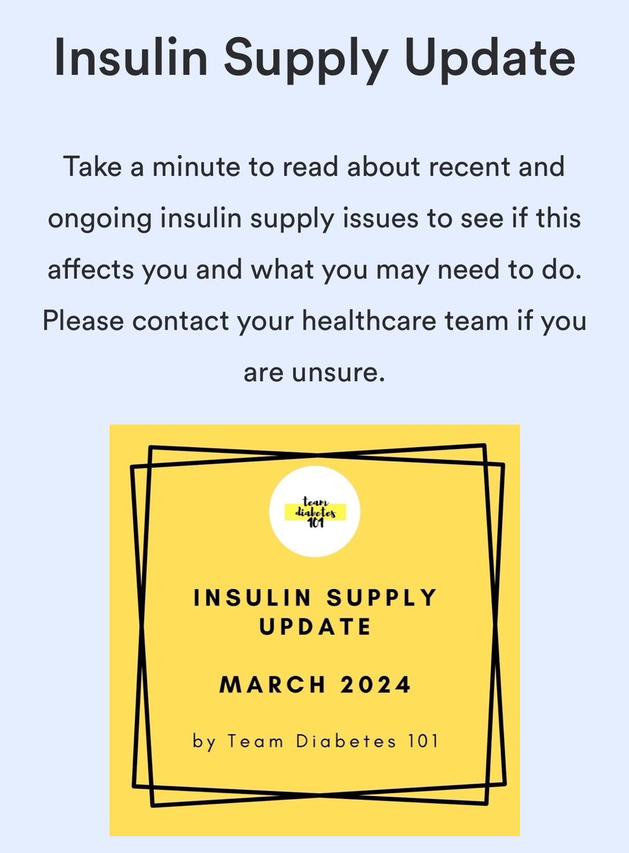 Team Diabetes 101 (@_diabetes101) on Twitter photo If you’re affected by insulin supply shortages or been told your usual insulin is no longer available..
Do check the <a href="/DSNforumUK/">DSNforumUK</a> website for help on what to do & what possible alternatives are!
Free to download announcement is on the link👇🏻
🔗 diabetesspecialistnurseforumuk.co.uk/educational-re… If you’re affected by insulin supply shortages or been told your usual insulin is no longer available..
Do check the <a href="/DSNforumUK/">DSNforumUK</a> website for help on what to do & what possible alternatives are!
Free to download announcement is on the link👇🏻
🔗 diabetesspecialistnurseforumuk.co.uk/educational-re…