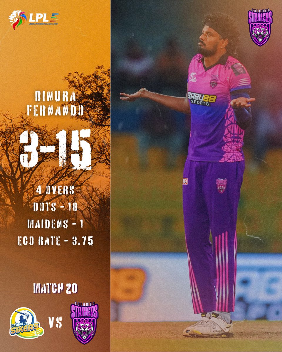 NewYorkStrikers's tweet image. A stellar performance in his 100th T20 match! 💪💜

#ColomboStrikers #LPL #StrikeToConquer #TheBasnahiraBoys #HouseOfTigers #Lankapremierleague #DSvsCS #LPL2024 #BinuraFernando