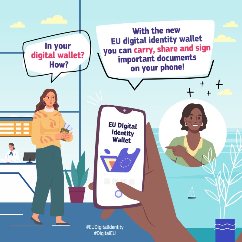 DigitalEU's tweet photo. ✈️ Travelling around Europe?
🪪 With the #EUDigitalIdentity Wallet, personal documents will be safe & only a few clicks away.
Digital identification recognisable across 🇪🇺 to simplify your life while protecting your data.
Learn more about the future wallet apps ↓