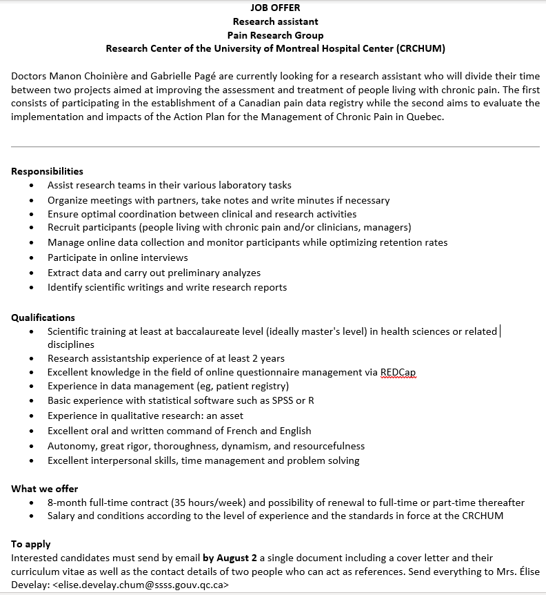QNJPI_PAINtalks's tweet photo. ❗Job Offer as a #Research_Assistant❗
🔥Research Center of the #University_of_Montreal Hospital Center 🔥
⚠Deadline: August 2nd
👉Please read the attached file for more information.
👇Send your documents to:
elise.develay.chum@ssss.gouv.qc.ca
#Job_Offer #Health #Pain https://t.co/wl5yLDaXXU