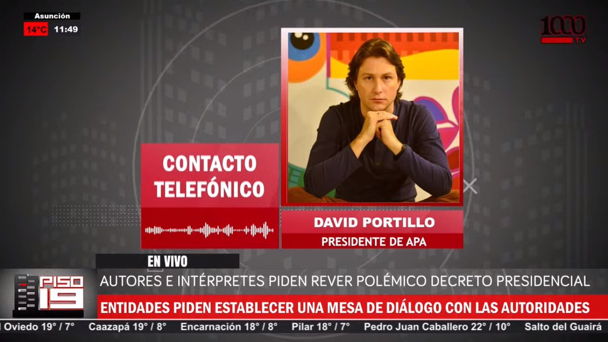 ARTISTAS MANIFIESTAN RECHAZO A DECISIÓN DEL GOBIERNO DE REDUCIR AL 50% LAS REGALÍAS  

Habla David Portillo, presidente de APA /<a href="/hectordalegre/">Hector Alegre, MAPyG</a> <a href="/enriquelugo95/">Enrique Lugo</a> #Piso19 #1000am #1000Noticias