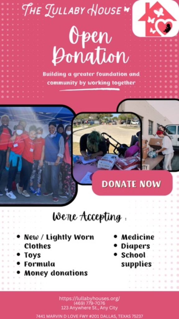 TheLullabyHouse's tweet photo. Good morning Lullaby House friends! 

We are accepting all supplies for our moms and babies! 
We are open from 10am to 2pm, and our address is 7441 Marvin D Love Fwy #201 Dallas, Tx 75237

Thank you for all that you do! 🩷 https://t.co/n5dokFqHjz