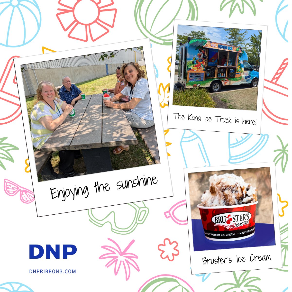 dnpribbons's tweet photo. The weather may be hot, but we're staying cool this summer at DNP!
Our company-sponsored activities are fully underway, and the team is enjoying casual days as well as visits from Bruster's Real Ice Cream and Kona Ice. https://t.co/BcNufQZrjz