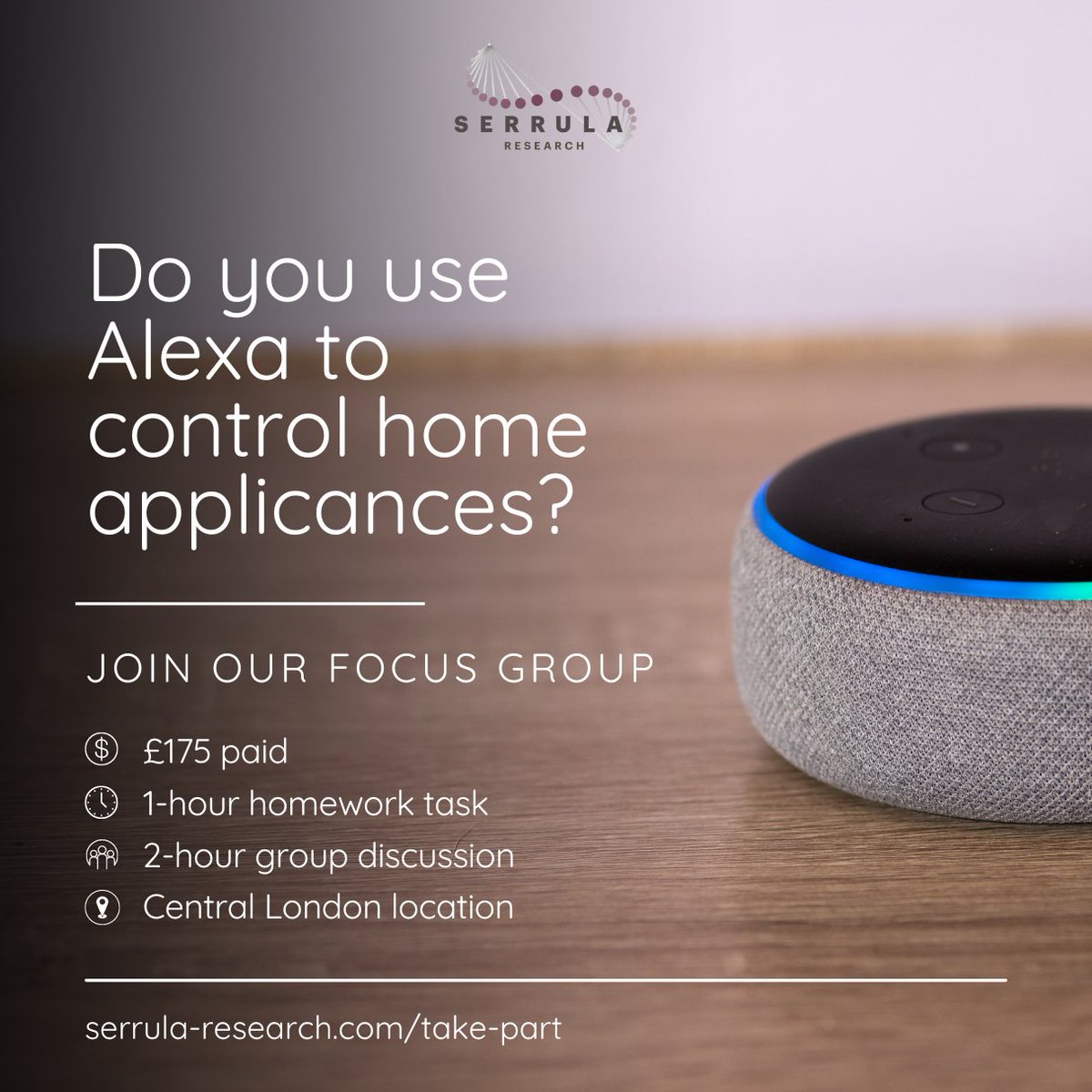 PaidResearchUK's tweet photo. Now recruiting Alexa users! 

Do you use Alexa to control/monitor smart devices like TVs, lights, or fridges? 

We're looking for people in central London to join a focus group!  
- 2-hr discussion 
- 1-hr homework task 
- £175 paid  

Sign up in 5 mins: https://t.co/tJ75c5or46 https://t.co/d8Z5m9jQDD