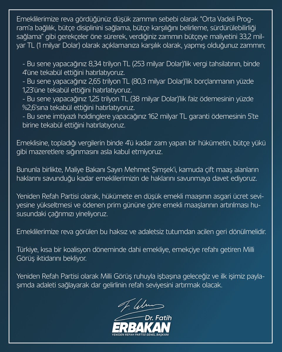 Emeklisine, topladığı vergilerin binde 4’ü kadar zam yapan bir hükümetin, bütçe yükü gibi mazeretlere sığınmasını asla kabul etmiyoruz.