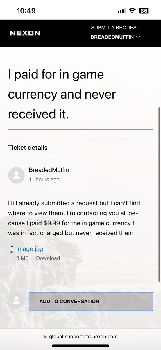 BreadedM's tweet photo. @FirstDescendant 
My second attempt to try and get what I paid for and at this point it’s not about the messily $10 bucks. It’s the principle😤 https://t.co/CuZDMluWMY