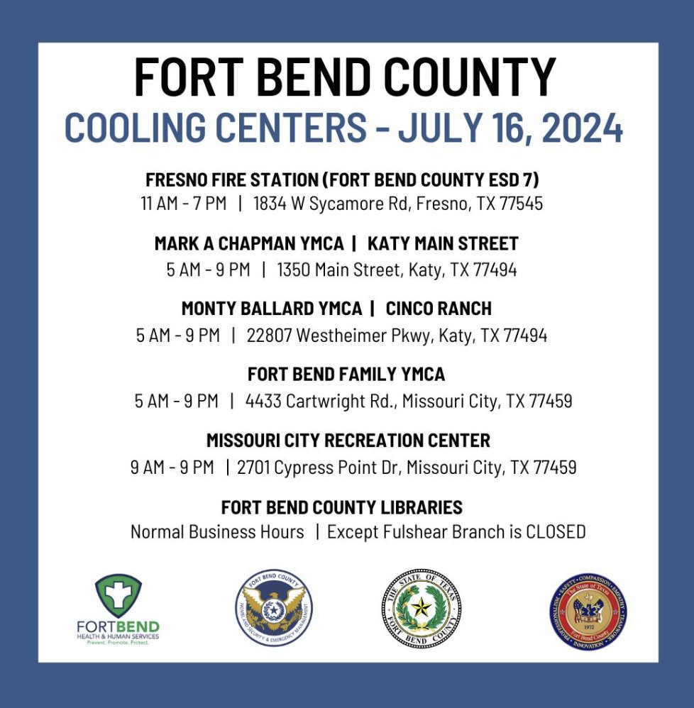 coveringkaty's tweet photo. Here are the cooling centers that are available today, July 16, 2024 in Fort Bend County. #katytx #fulsher https://t.co/H36ePCdkiU