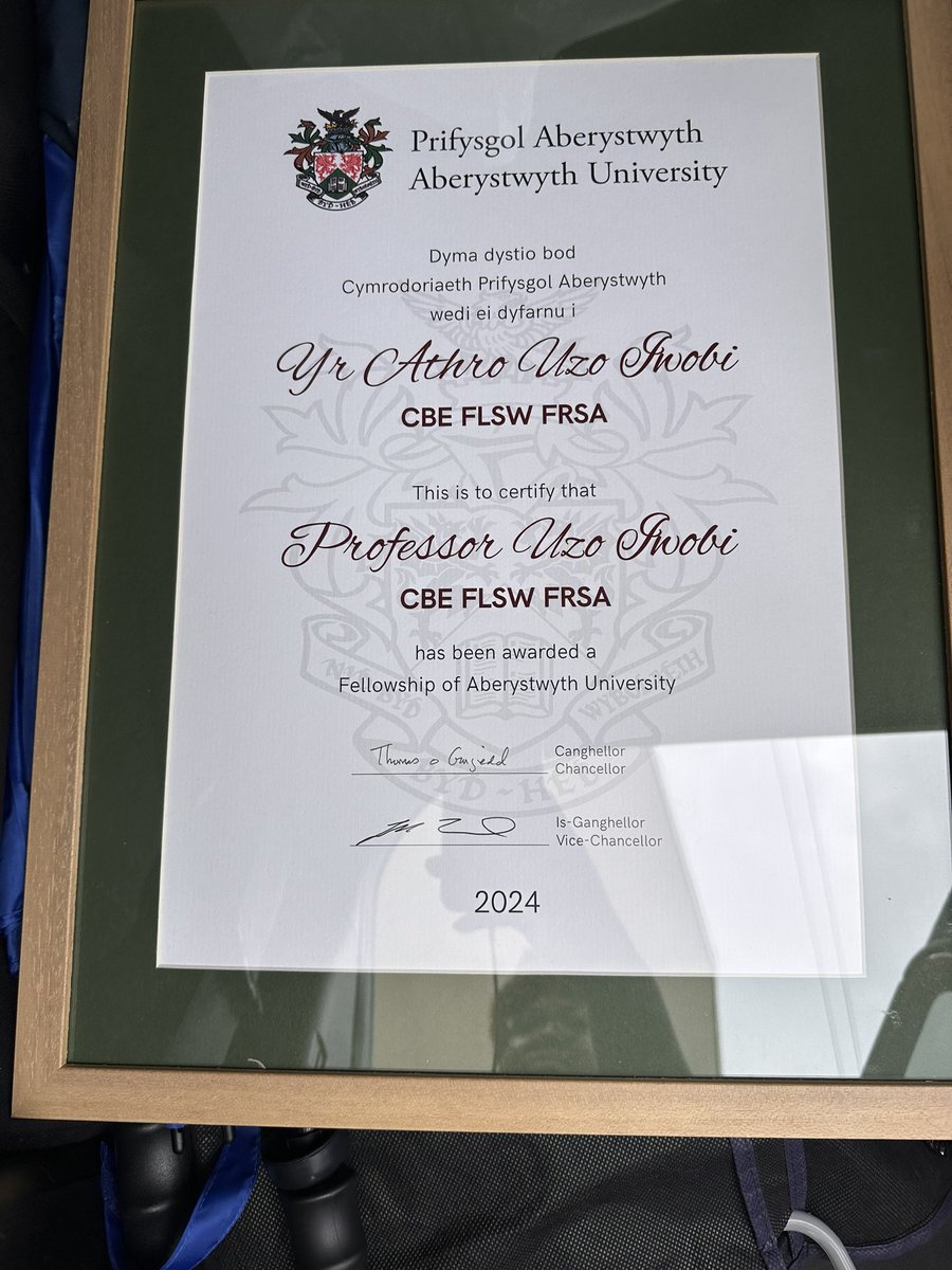 UzoIwobi's tweet photo. I am truly humbled and honoured to be awarded a Fellowship by @AberUni today. I cannot tell you what this means to me and my family. Thank you to the Board, the Vice Chancellor, all the staff and students for the warmest of welcomes. I am truly blessed to receive this honour 🙏🏾 https://t.co/FrHnuCqOgE