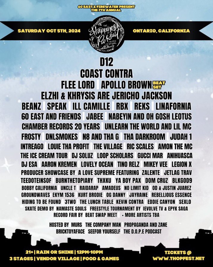 Shouts out <a href="/60east909/">60 East</a> <a href="/NoaJames/">Noa James</a> &amp; thee whole <a href="/THOPFest/">#THOPFest</a> team

We are honored to be sharing space w/ everyone on this wild line up🔥🔥🔥

<a href="/illcamille/">iLLCAMILLE</a> • <a href="/CoastContra/">Coast Contra</a> • <a href="/ELZHI/">eLZhi</a> • Speak • <a href="/Linafornia/">miracle spring water💧✨</a> • Reks • <a href="/Nabeyin/">Jollof Rice Type Beat 🇬🇭</a> • <a href="/RicScales/">World B. Freestyle</a> • Anihuasca

Tickets: 
eventbrite.com/e/the-happines…