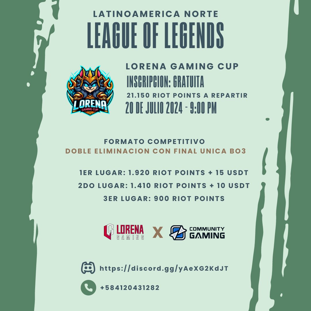 LorenaGamingVE's tweet photo. ¡Atención, invocadores! Prepárense para la batalla en el Gran Torneo de League of Legends este sábado, 20 de julio de 2024, a partir de las 9:00 PM. 🌙

🏆 ¡21.150 Riot Points y 25 USDT en juego! 🏆

💰 Inscripción por equipo: GRATUITA 💰
Premio apoyado por @CommunityGaming https://t.co/24swVa3e86