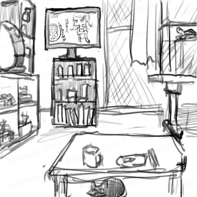 iPadお絵描きの作業環境を15分ほどで描き出した
パースはざっと目で見て描いたので、気にしないで 