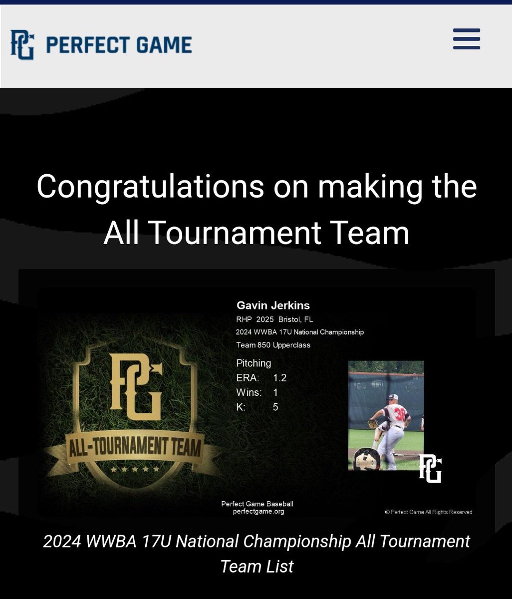 Thank you Perfect Game. Had a great tournament at the 2024 WWBA 17U National Championship.