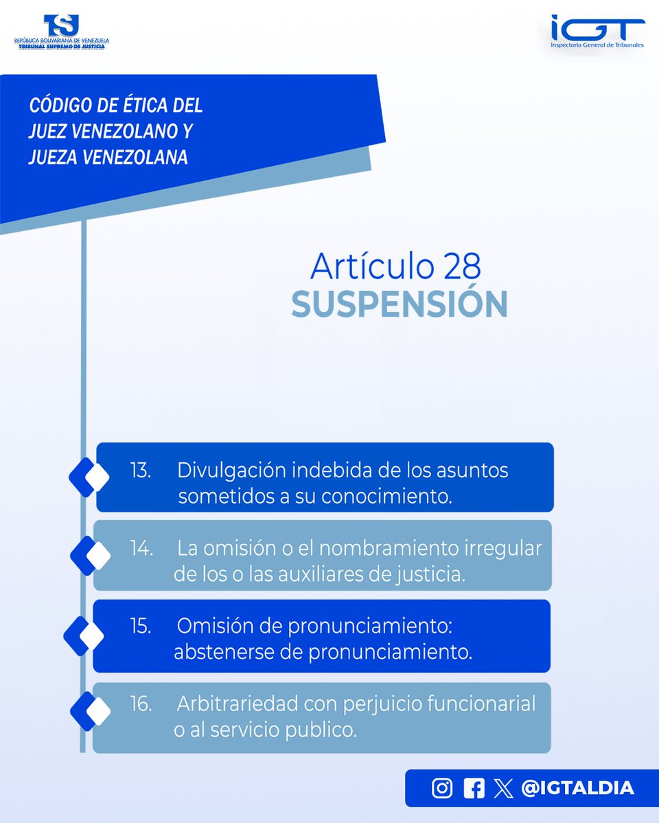 IGTaldia's tweet photo. ¿Sabías que el Código de Ética de la Jueza y el Juez venezolano establece ilícitos disciplinarios para garantizar la integridad y la imparcialidad en el ejercicio judicial? 

Suspensión⬇️

#igtaldia⚖️
#ConoceLaLey⚖️🇻🇪 https://t.co/W219PBbk9W