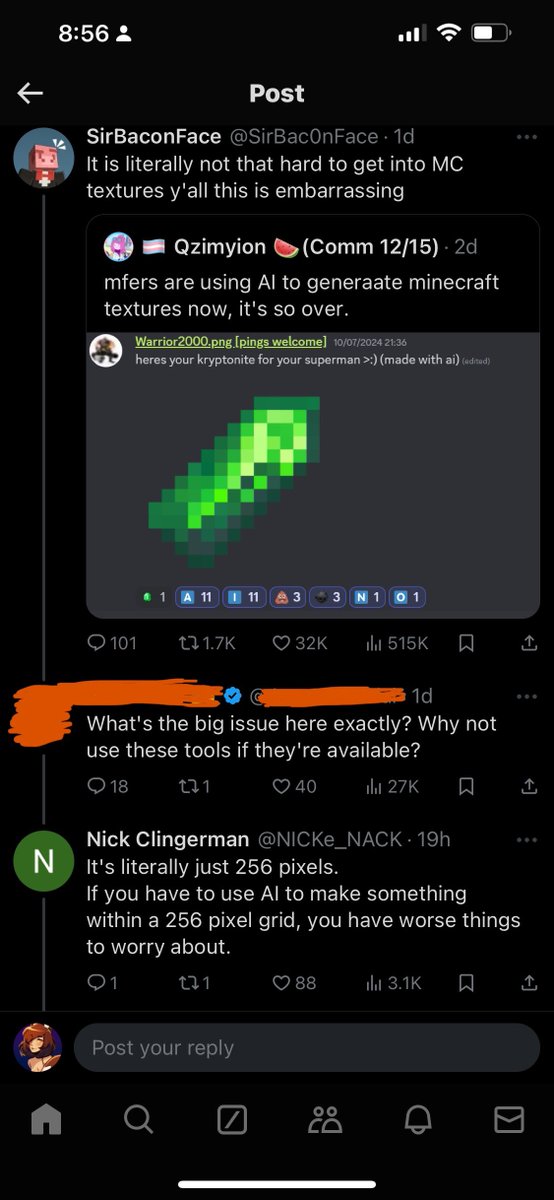 mommilph's tweet photo. When I say I can’t take AI guys remotely seriously on them ever claiming to be hard workers or clever, it’s because I always see them react like this when they see a 16 by 16 grid of pixels. https://t.co/b3CfLQeCRJ