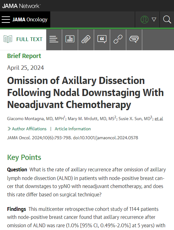 In patients with node-positive breast cancer, axillary recurrence after omission of axillary lymph node dissection was rare with no difference by type of surgery (sentinel lymph node biopsy with dual-tracer mapping vs targeted axillary dissection). ja.ma/3XYnZnK