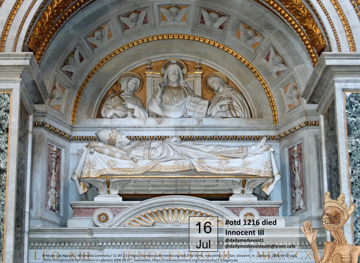 dailymedievald1's tweet photo. #otd 1216 Pope Innocent III died in Perugia. Jacques de Vitry reported a devestiture of the deceased there. In 1861 the remains were transferred to Rome and buried in San Giovanni in Laterano. #medievaldeath #Medieval
Pic.: Wikipedia Commons https://t.co/Dpppxhb14O