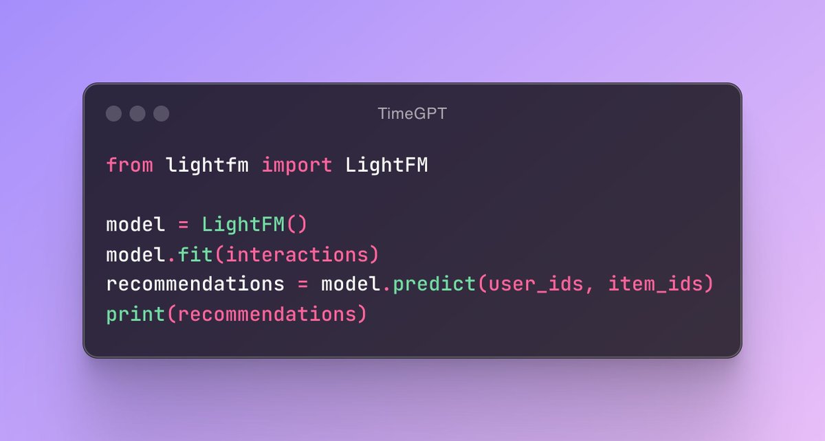 joenyzio's tweet image. 🎯 LightFM combines collaborative and content-based filtering for recommendations. Hybrid recommendation system! Here&apos;s a quick example. #LightFM #MachineLearning