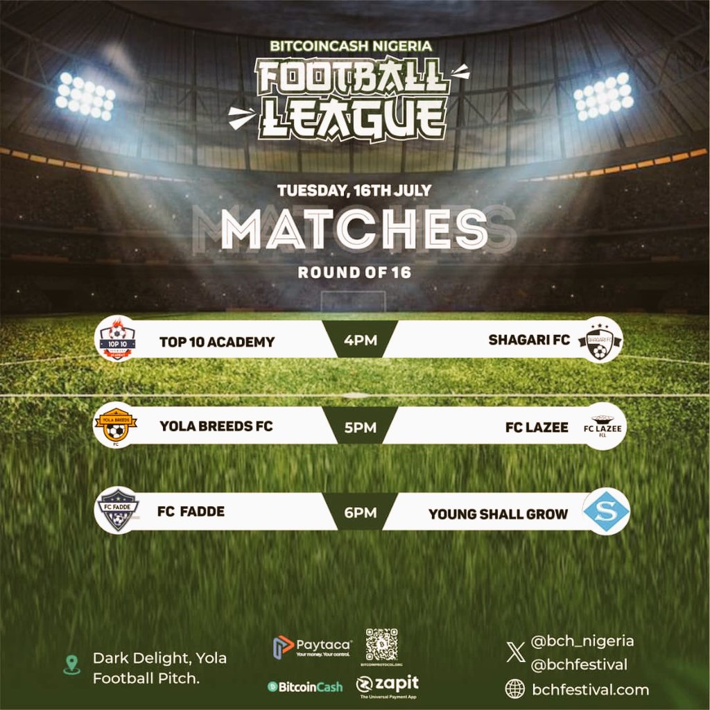 S_techie_yola's tweet photo. Match day 4 Round of 16
@BchFestival @bch_nigeria @zapit_io @_paytaca_
#BitcoinCash #BCHFL
Young Shall Grow FC come on πͺπͺπͺ https://t.co/xbDhi6Z86z