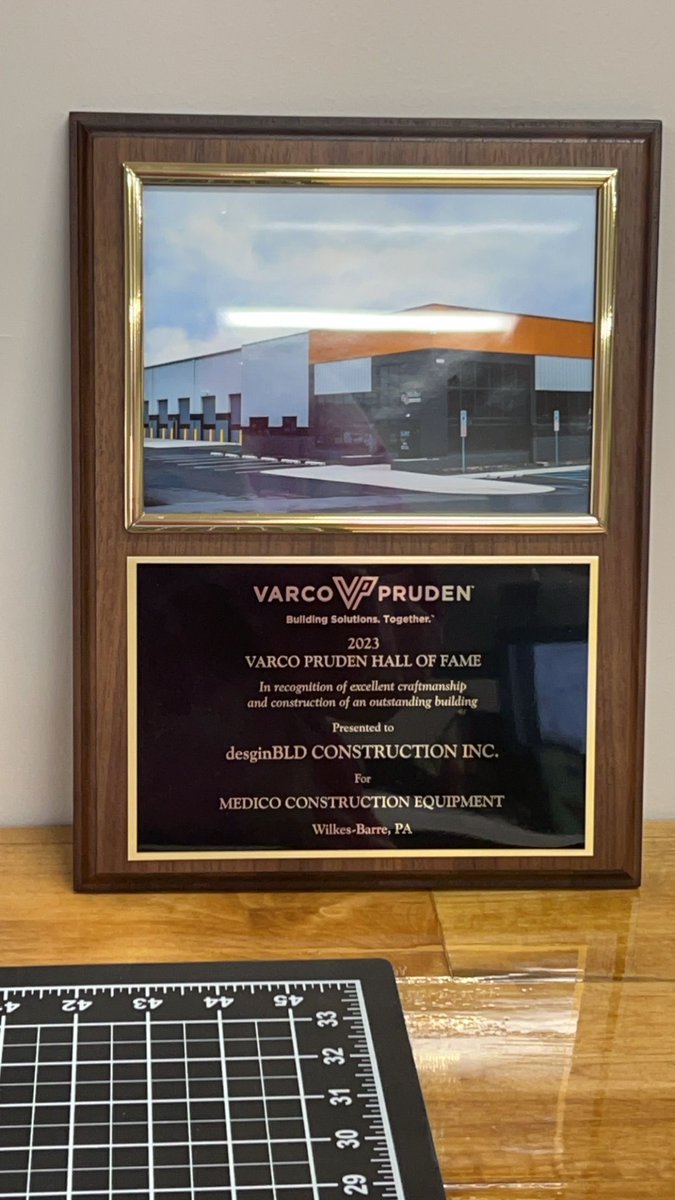 design_BLD's tweet photo. designBLD was inducted into the 2023 Varco Pruden Hall of Fame for our work on the Medico Construction Equipment project. Our team built a 28,727 sq-ft. state-of-the-art facility. Pictured is President Billy Letwinsky, Field Operations Manager Jim Ciali and VP Rep. Andy Tuzinski. https://t.co/KxzC2kX5WF