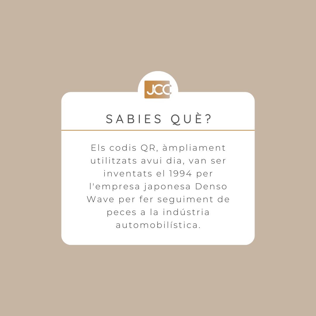 jcastellsagues's tweet photo. Sabies que els codis QR, àmpliament utilitzats avui dia, van ser inventats el 1994 per l'empresa japonesa Denso Wave per fer seguiment de peces a la indústria automobilística?

#sabiesque #jcc #jcctelecomunicacions #QR https://t.co/XygAe1JvLJ