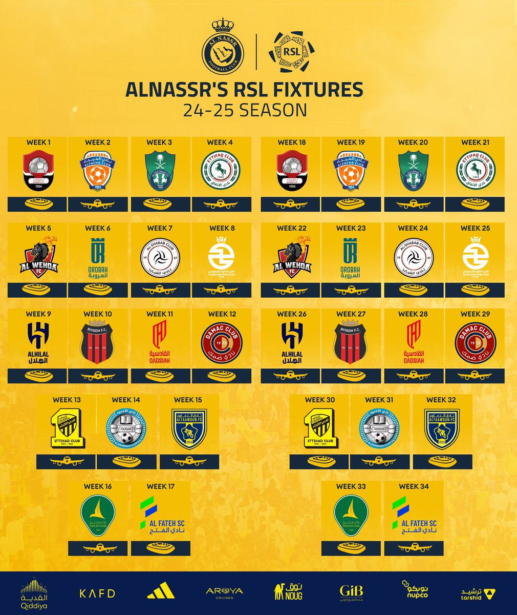 AlNassrFC_EN's tweet photo. Here is our schedule for the 2024-2025 season! 📅✨
Get ready for an action-packed year ahead 🤩 https://t.co/loQg21WVIu