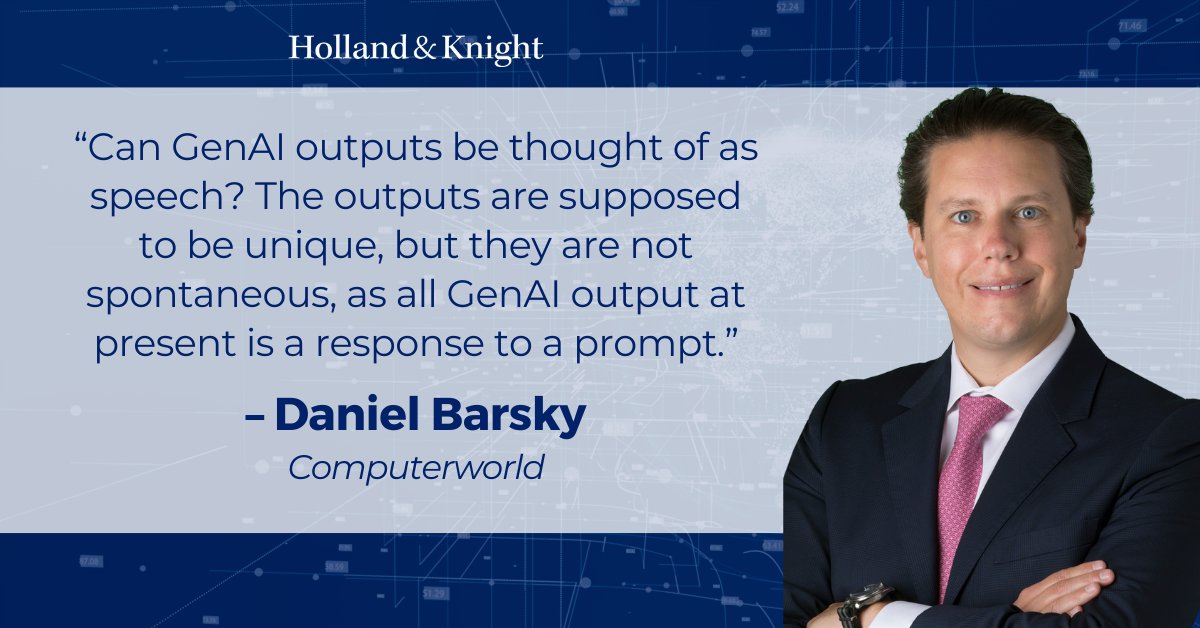 Holland & Knight (@holland_knight) on Twitter photo #IntellectualProperty atty <a href="/dannybarsky/">Dan Barsky</a> was quoted in a <a href="/Computerworld/">Computerworld</a> article about the potential implications of recent #SCOTUS decisions on the #freespeech rights of #AI-generated content on #socialmedia. The #court's emphasis on applying current #law regardless of the #IntellectualProperty atty <a href="/dannybarsky/">Dan Barsky</a> was quoted in a <a href="/Computerworld/">Computerworld</a> article about the potential implications of recent #SCOTUS decisions on the #freespeech rights of #AI-generated content on #socialmedia. The #court's emphasis on applying current #law regardless of the