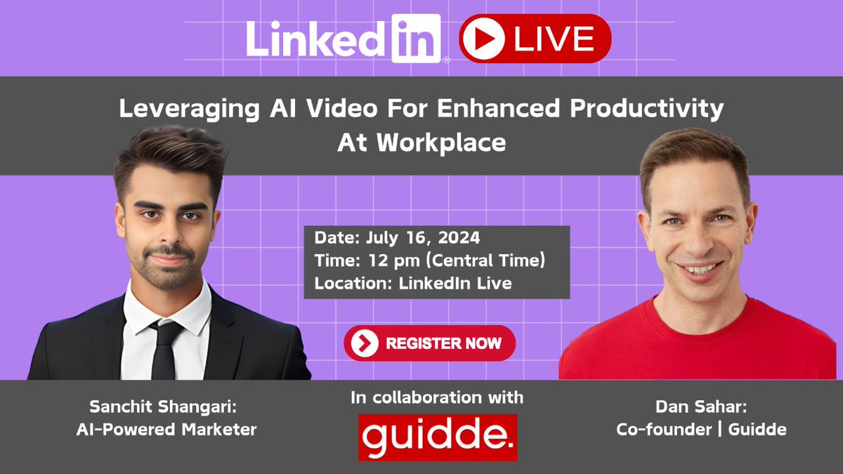 GuiddeCo's tweet image. ONE hour to go! Join our live masterclass on #AI for #TrainingVideos, featuring our Co-Founder, Dan Sahar, and AI marketing expert, Sanchit Shangari. Register now 🔗 bit.ly/3Ln0bCC
