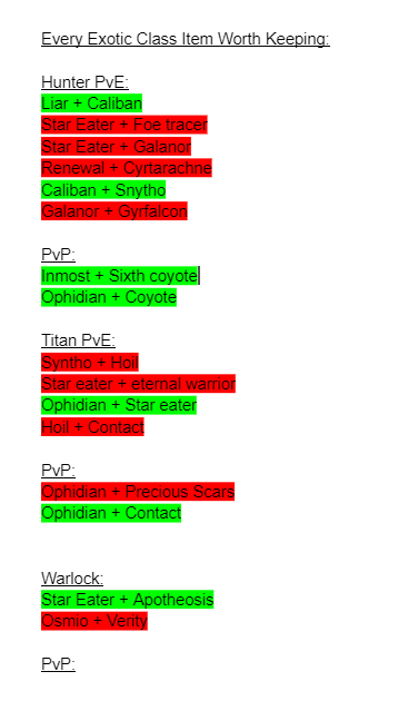 LUCKYY10P's tweet photo. Every exotic class item worth keeping (Ignore the highlights the green is ones I have, red is ones I don't have): https://t.co/XBJOs7Dgxk