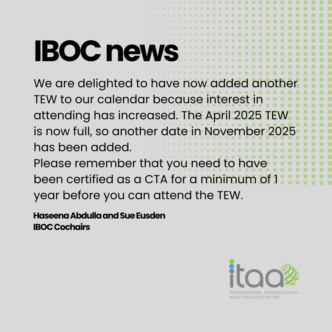 itaaworld's tweet photo. News from IBOC. IBOC manages all training contracts, Training Endorsement Workshops (TEWs), and exams. Please send TEW applications to iboc@itaaworld.org
#itaa #iboc #imokyoureok https://t.co/tllzHyXBxI