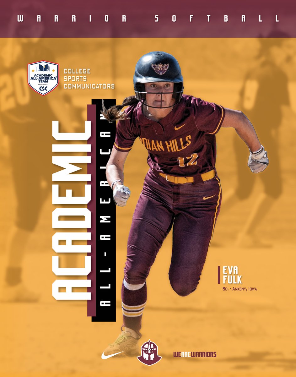 𝙁𝙄𝙍𝙎𝙏-𝙏𝙀𝘼𝙈 𝘼𝘾𝘼𝘿𝙀𝙈𝙄𝘾 𝘼𝙇𝙇-𝘼𝙈𝙀𝙍𝙄𝘾𝘼𝙉 👏

Eva Fulk of <a href="/warriorsoftball/">Indian Hills Softball</a> has been named a <a href="/CollSportsComm/">College Sports Communicators</a> First-Team Academic-All-American® after a remarkable year in the classroom and on the diamond.

🗞️indianhillsathletics.com/sports/sball/2…