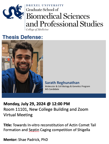 DrexelMCBG (@drexelmcbg) on Twitter photo MCBG Thesis Defense 🧬🧬🧬
Sarath Reghunathan, MS candidate <a href="/DrexelMcbg/">DrexelMCBG</a>
Monday, July 29, 12:00 PM
NCB Room 11101
Towards In-vitro reconstitution of Actin Comet Tail Formation and Septin Caging competition of Shigella
Mentor: Shae Padrick, PhD
<a href="/DrexelBiochem/">Drexel Biochemistry & Molecular Biology</a> <a href="/DrexelMedicine/">Drexel University College of Medicine</a> MCBG Thesis Defense 🧬🧬🧬
Sarath Reghunathan, MS candidate <a href="/DrexelMcbg/">DrexelMCBG</a>
Monday, July 29, 12:00 PM
NCB Room 11101
Towards In-vitro reconstitution of Actin Comet Tail Formation and Septin Caging competition of Shigella
Mentor: Shae Padrick, PhD
<a href="/DrexelBiochem/">Drexel Biochemistry & Molecular Biology</a> <a href="/DrexelMedicine/">Drexel University College of Medicine</a>