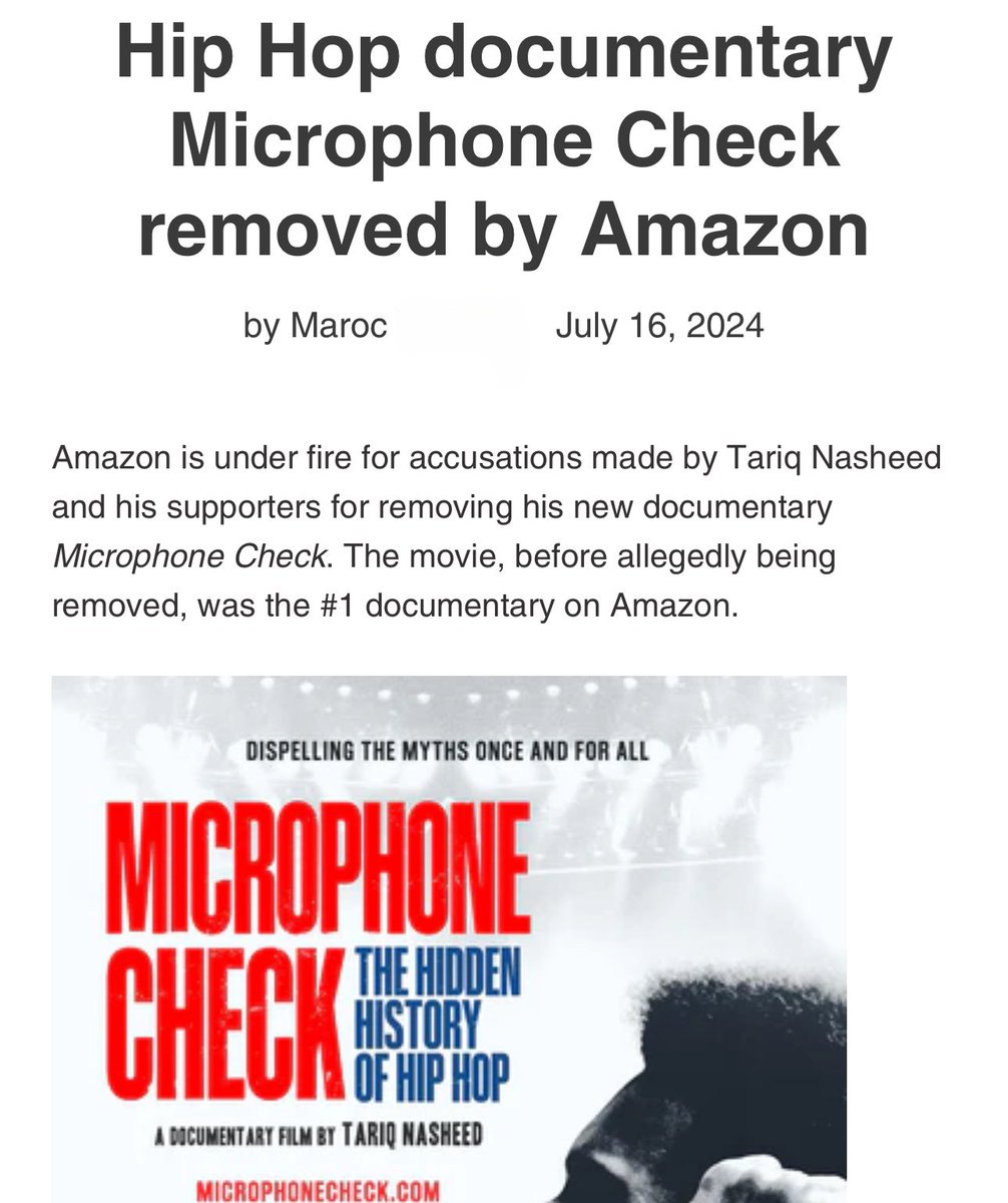 Maroc πΊπΈ (@maroctv_) on Twitter photo Hip Hop documentary Microphone Check by <a href="/tariqnasheed/">Tariq Nasheed πΊπΈ</a> removed by Amazon marochorus.com/blogs/news/hipβ¦ Hip Hop documentary Microphone Check by <a href="/tariqnasheed/">Tariq Nasheed πΊπΈ</a> removed by Amazon marochorus.com/blogs/news/hipβ¦
