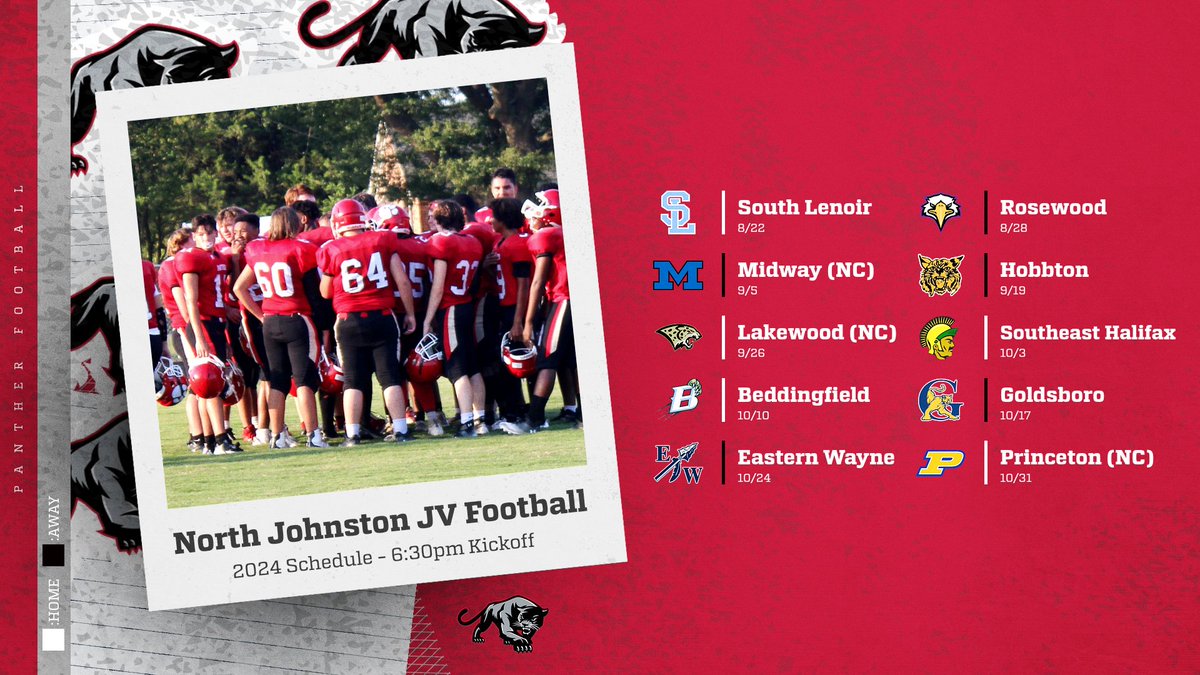 Fall Sports Schedule Release Day 2! Next up, North Johnston JV Football! The JV Panthers will be led by <a href="/HollandCoach/">Jeremiah Holland</a>. Kick off times are 6:30pm. 
*Schedule is subject to change based on availability of JV teams. TBD.