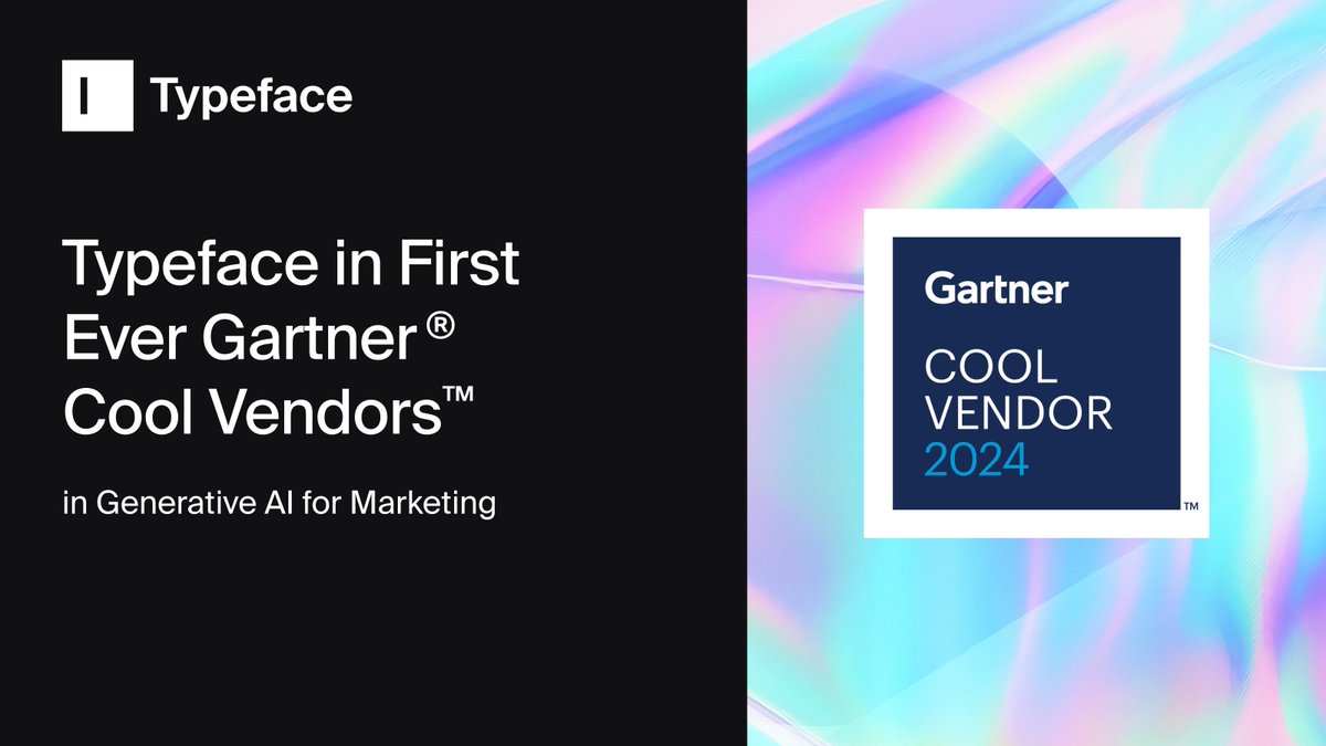typefaceai's tweet photo. We're excited to share @typefaceai is featured in the first ever @Gartner_inc® Cool Vendors™ in Generative AI for Marketing. Get the report here: https://t.co/8uXeVSCwI5

We love delivering a platform uniquely ~ cool ~ with our:

🧊 One multimodal platform (text, images, video, etc)
🧊 Deep content personalization
🧊 Unmatched enterprise integrations & partnerships
🧊 Enterprise-safe AI trusted by the Fortune 500

Read more on the blog: https://t.co/nLictUa6jO

#GartnerCoolVendor #GenerativeAI