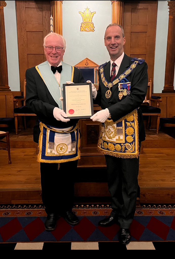 HantsMasonSC's tweet photo. A fantastic evening last night at Peartree Lodge No. 7954 saw over 120 Masons witness the installation of the new WM (WBro James Prendergast PPSGW) a 50 year certificate presented by the PGM to WBro Ed Holmes PPJGD &amp; WBro Stan Rickeard PPSGW installed to the Senior Wardens chair. https://t.co/t5MoDlE1qQ