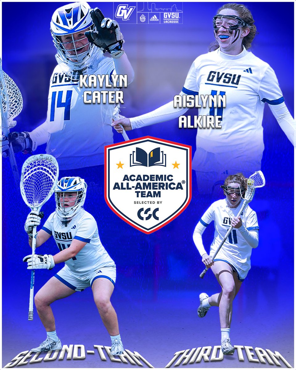 GVSUWLAX's tweet photo. The awards just keep on coming! 🏆

Congratulations to Kaylyn Cater and Aislynn Alkire on being named CSC Academic All-Americans! 📚

#AnchorUp #beELITE https://t.co/K1SWHsm7lW