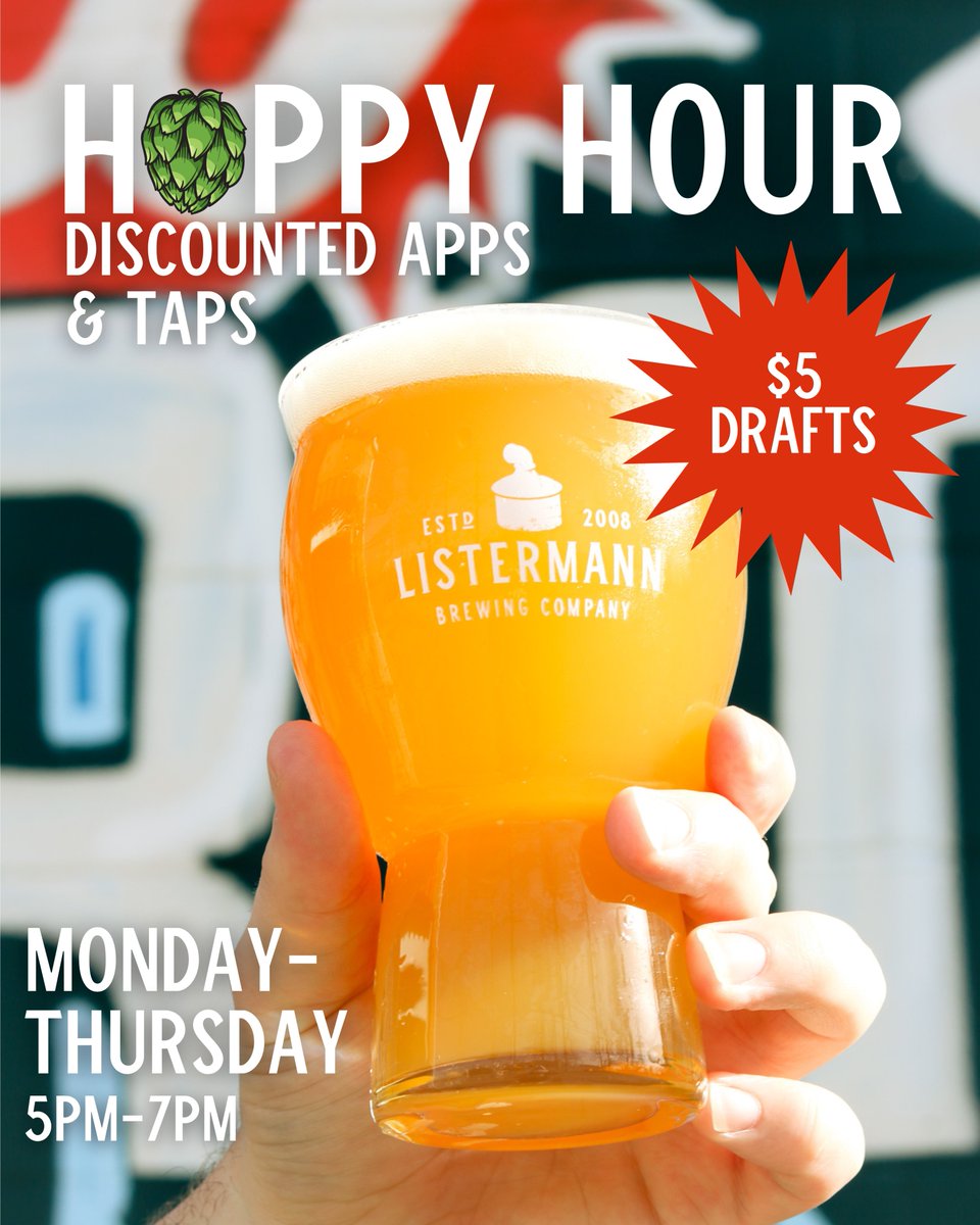 Our Hoppy Hour is the perfect after-work wind-down! Enjoy $5 pints and discounted appetizers from 5pm-7pm every Monday-Thursday! Cheers🍻

#listermannbrewing #happyhour #hoppyhour #craftbeer #cincybeer #drinklocal