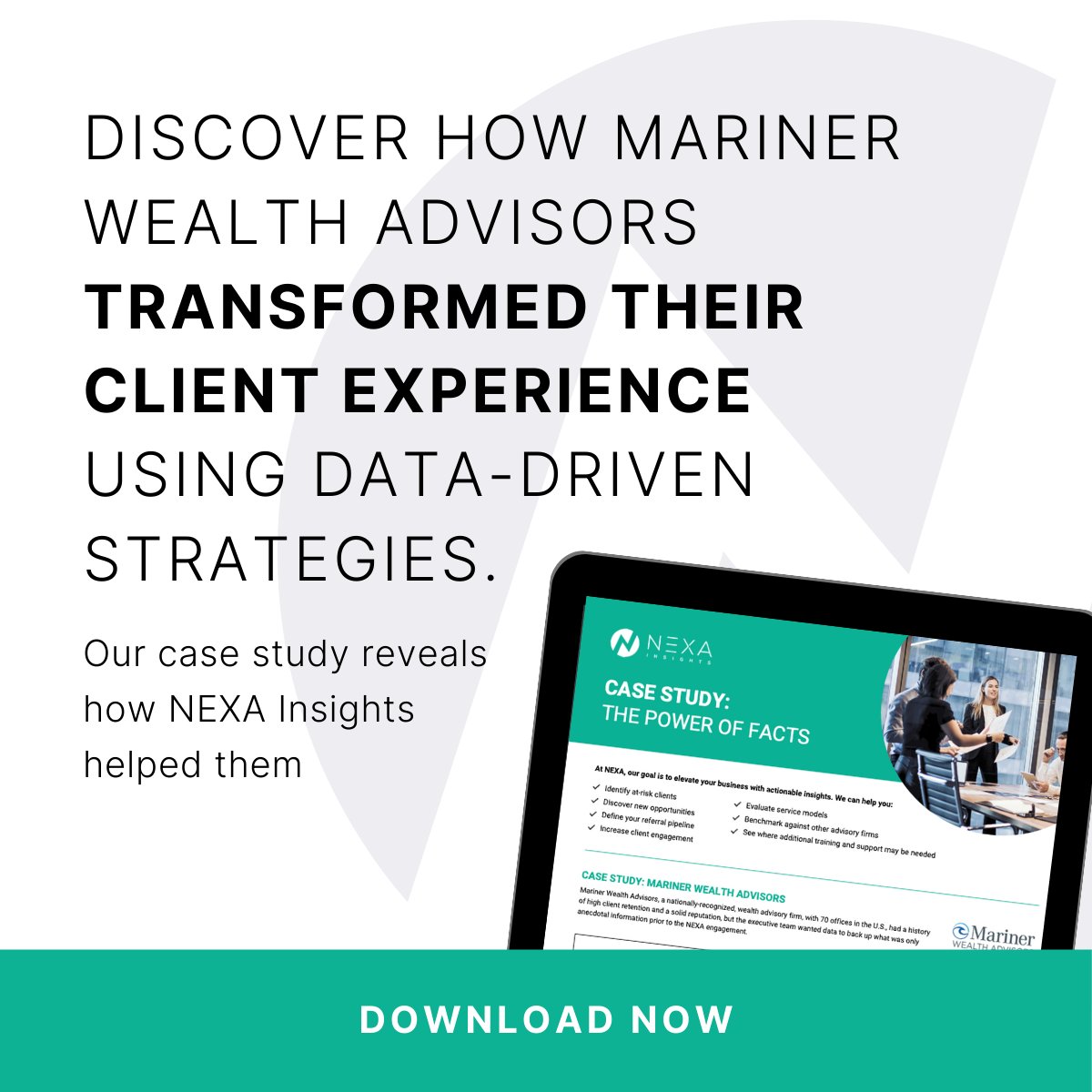 nexainsights's tweet photo. See how Mariner Wealth Advisors transformed their client experience with NEXA Insights:

• Identify at-risk clients 
• Uncover growth opportunities 
• Enhance engagement 
• Optimize service models

Measure, analyze, &amp; elevate your practice. Learn more: https://t.co/2BBrJjw6Fp https://t.co/Of9yixatj5