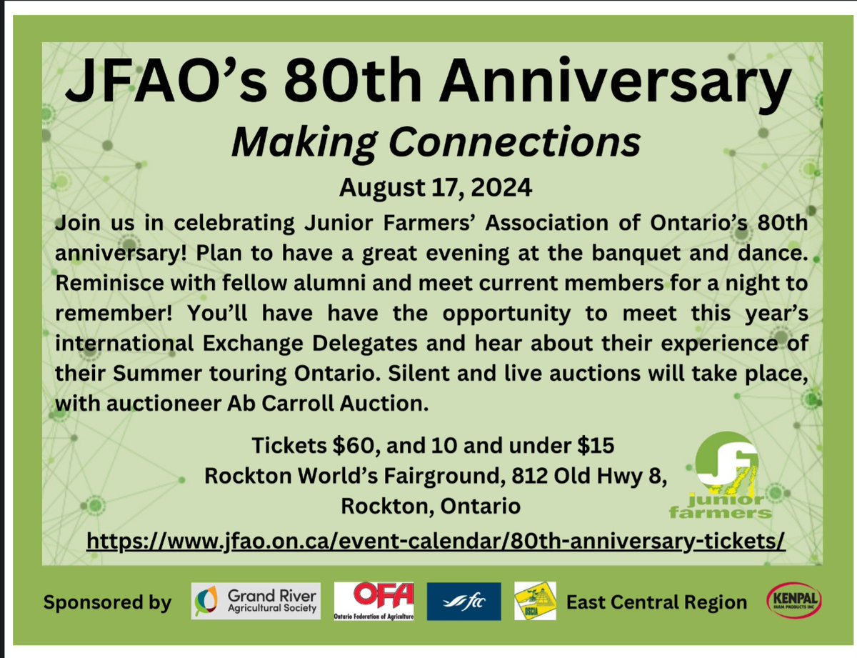 Join <a href="/JuniorFarmers/">JFAO</a> on August 17 to celebrate its 80th anniversary! Reminisce with fellow alumni &amp; meet current members for a night to remember. For more information and to purchase tickets ➡️ jfao.on.ca/event-calendar…
*Tickets are on sale on the JFAO website until August 1st.
