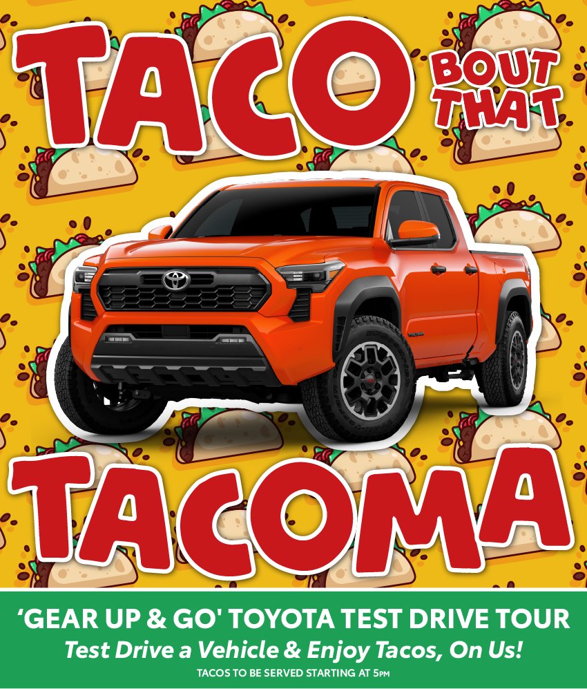eddystoyota's tweet photo. 🚗🌮 Day 2 of our Toyota Test Drive Tour is here! 🌮🚗

Come experience Toyota's most popular trucks and SUVs, including the legendary Tacoma! 

Details: https://t.co/5TgPgk1S14

#ToyotaTestDriveTour #TacomaTuesday #TestDriveAndTacos https://t.co/dgOCplHBK5