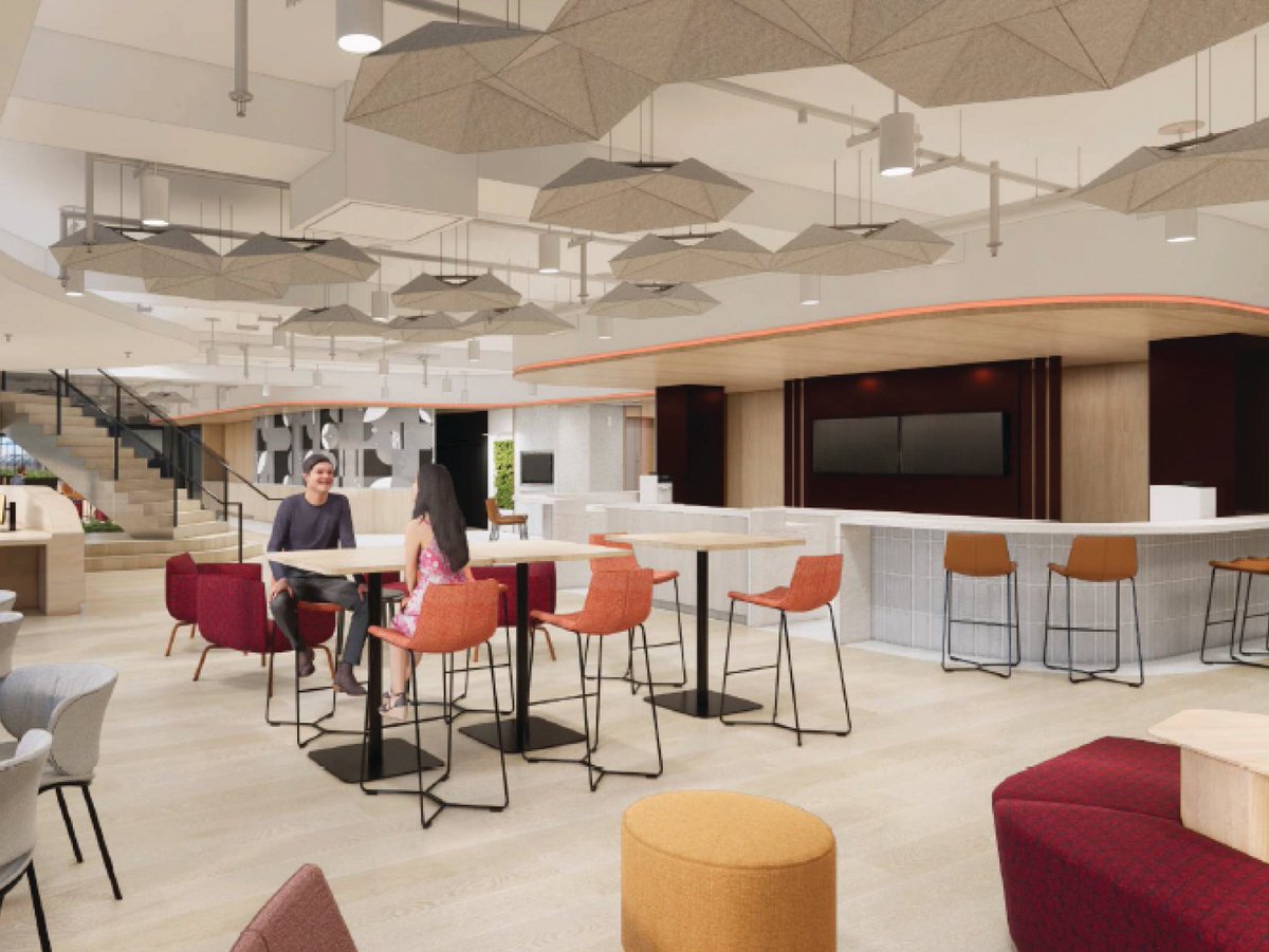 pentacongroup's tweet image. Rendering to reality: As the first phase of a multi-phased #restack program for a long-standing #BigFour accounting client, they chose to align with a new hybrid work model, choosing to renovate the top two floors of the tower &amp;amp; create a highly adaptable, immersive #WorkplaceHub.